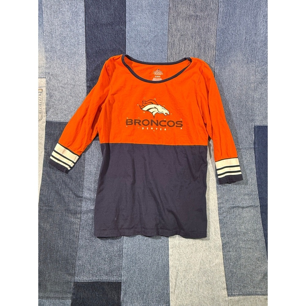 Majestic Denver Broncos‎ Orange Navy 3/4 Sleeve Rhinestone Logo Shirt Women XL